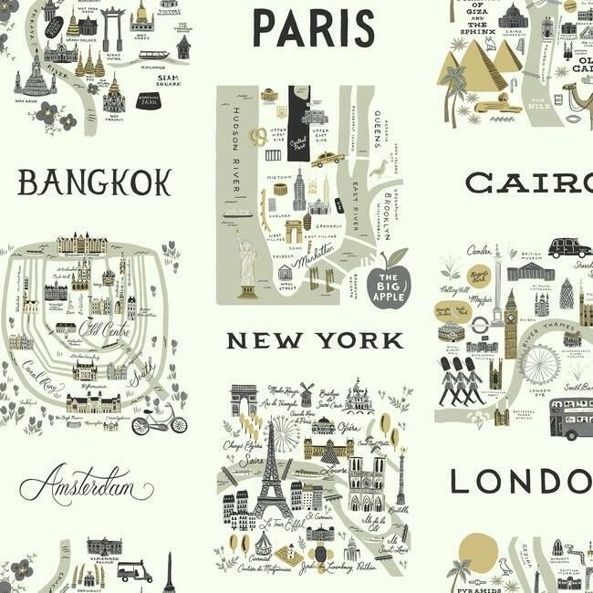 media image for City Maps Wallpaper in Grey and Gold from the Rifle Paper Co. Collection by York Wallcoverings 247