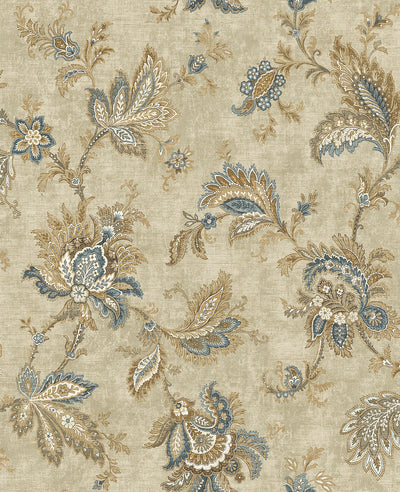 product image of sample classical jacobean wallpaper in warm blue from the caspia collection by wallquest 1 537
