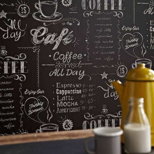 media image for Coffee Shop Black and White Wallpaper from the Modern Living Kitchen & Bath Collection by Graham & Brown 217