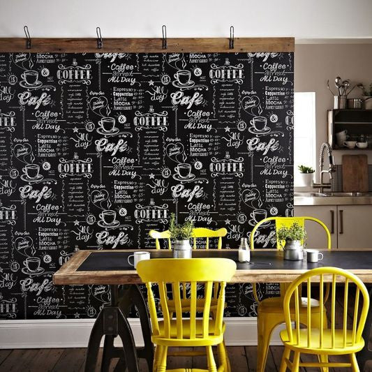 media image for Coffee Shop Black and White Wallpaper from the Modern Living Kitchen & Bath Collection by Graham & Brown 236