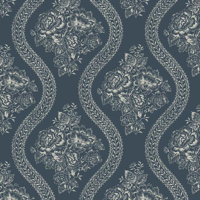 media image for sample coverlet floral wallpaper in blue from the magnolia home collection by joanna gaines for york wallcoverings 1 261