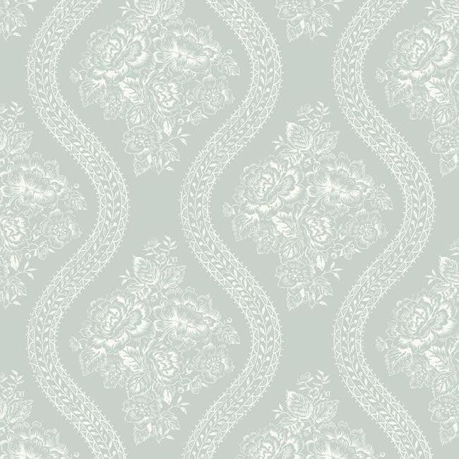 media image for sample coverlet floral wallpaper in soft mint from the magnolia home collection by joanna gaines for york wallcoverings 1 242