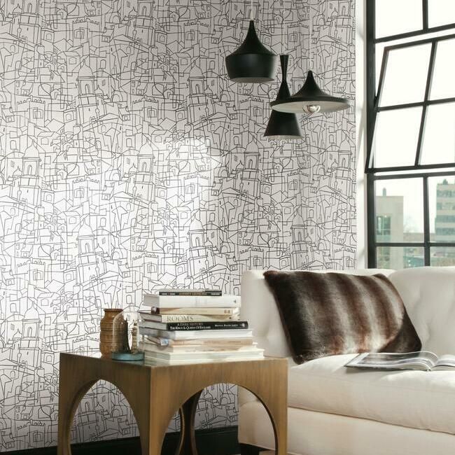 media image for Cubist Cityscape Peel & Stick Wallpaper in Black by York Wallcoverings 249