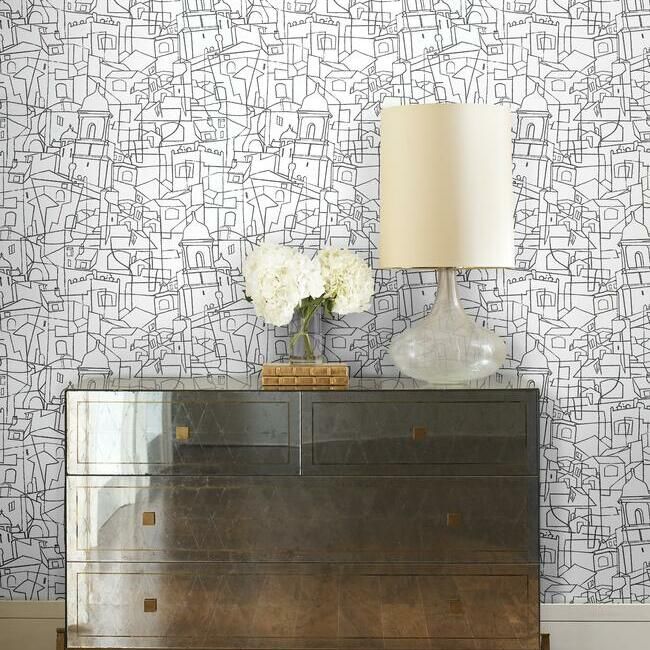media image for Cubist Cityscape Peel & Stick Wallpaper in Black by York Wallcoverings 289