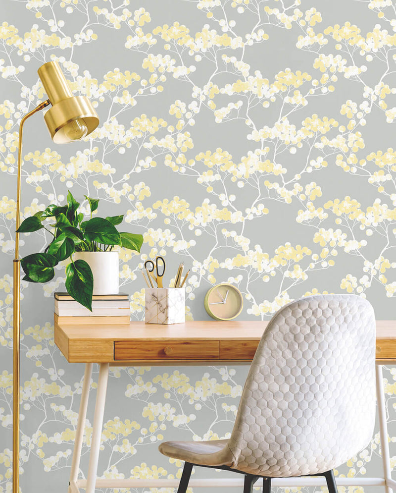 media image for Cyprus Blossom Peel-and-Stick Wallpaper in Buttercup and Grey by NextWall 230