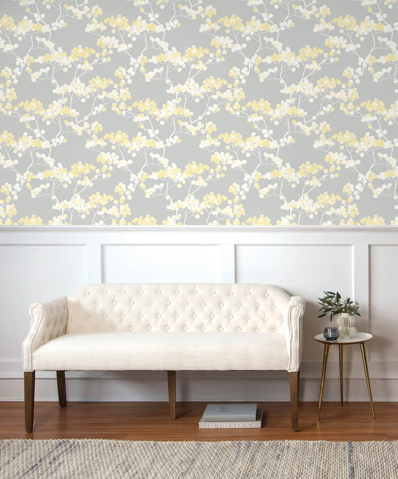 media image for Cyprus Blossom Peel-and-Stick Wallpaper in Buttercup and Grey by NextWall 276