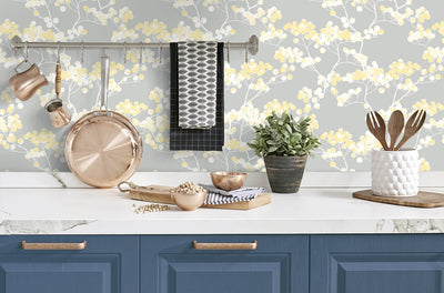 product image for Cyprus Blossom Peel-and-Stick Wallpaper in Buttercup and Grey by NextWall 10