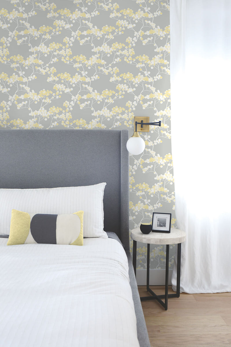 media image for Cyprus Blossom Peel-and-Stick Wallpaper in Buttercup and Grey by NextWall 268