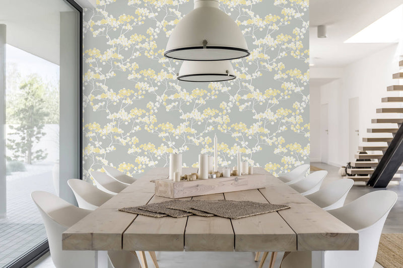 media image for Cyprus Blossom Peel-and-Stick Wallpaper in Buttercup and Grey by NextWall 253