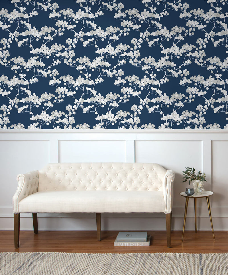 media image for Cyprus Blossom Peel-and-Stick Wallpaper in Navy and Grey by NextWall 281