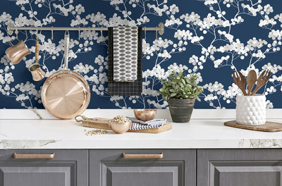 product image for Cyprus Blossom Peel-and-Stick Wallpaper in Navy and Grey by NextWall 74