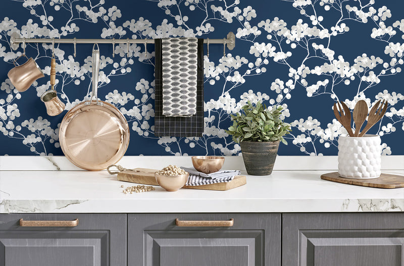 media image for Cyprus Blossom Peel-and-Stick Wallpaper in Navy and Grey by NextWall 250