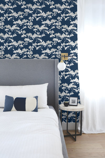 product image for Cyprus Blossom Peel-and-Stick Wallpaper in Navy and Grey by NextWall 50