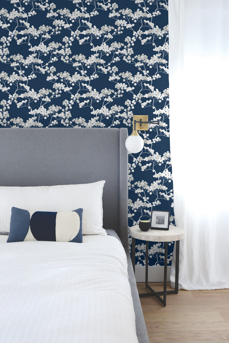 media image for Cyprus Blossom Peel-and-Stick Wallpaper in Navy and Grey by NextWall 295
