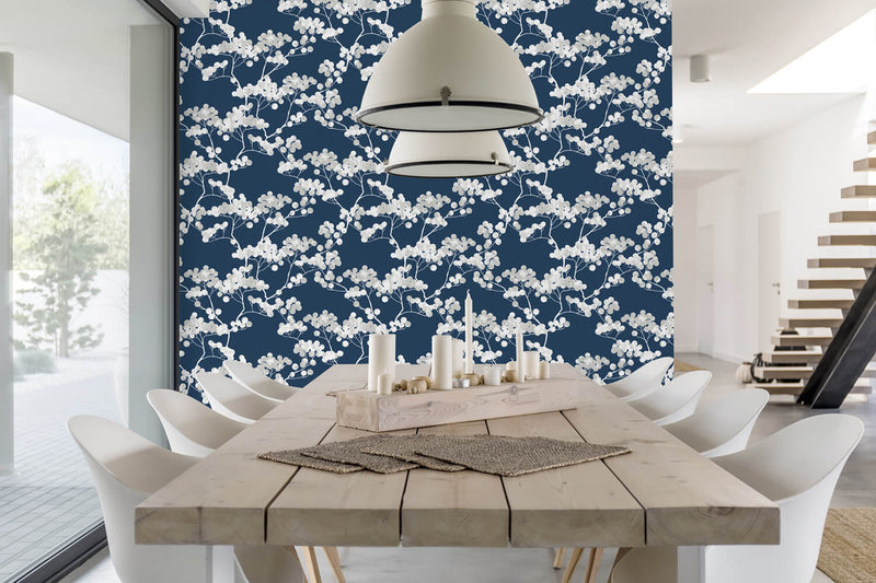 media image for Cyprus Blossom Peel-and-Stick Wallpaper in Navy and Grey by NextWall 228