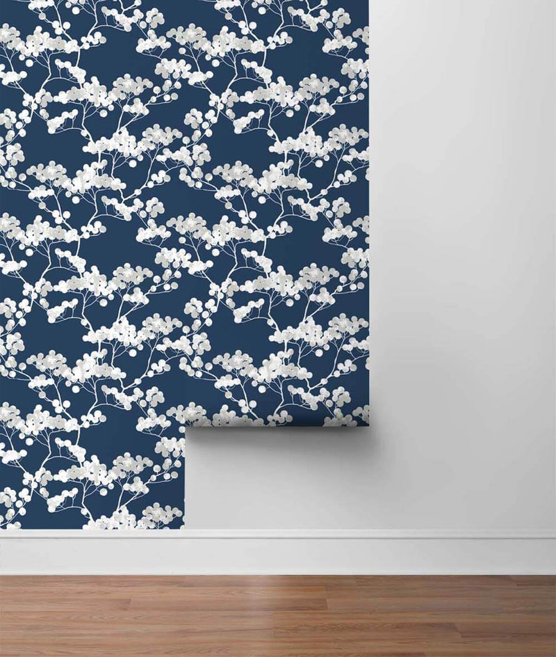 media image for Cyprus Blossom Peel-and-Stick Wallpaper in Navy and Grey by NextWall 236