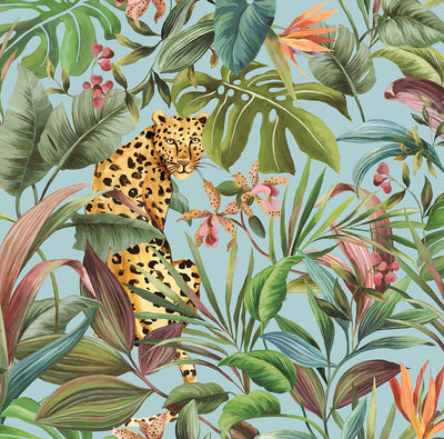 product image of Tropical Leopard Sky Blue Peel-and-Stick Wallpaper from the Daisy Bennett Collection by NextWall 559