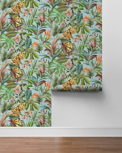 product image for Tropical Leopard Sky Blue Peel-and-Stick Wallpaper from the Daisy Bennett Collection by NextWall 11