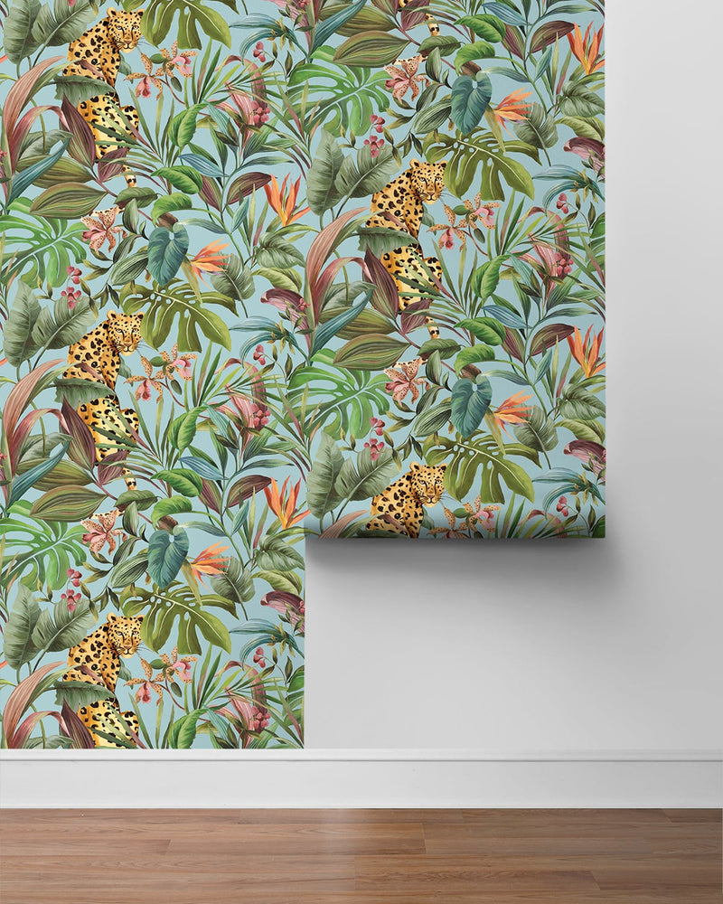 media image for Tropical Leopard Sky Blue Peel-and-Stick Wallpaper from the Daisy Bennett Collection by NextWall 271