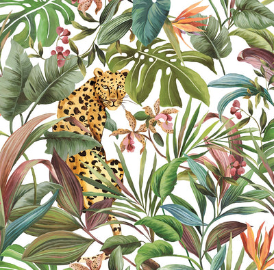 product image of Tropical Leopard White Peel-and-Stick Wallpaper from the Daisy Bennett Collection by NextWall 554