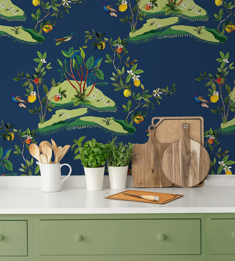 media image for Citrus Hummingbird Wallpaper in Navy Blue 250