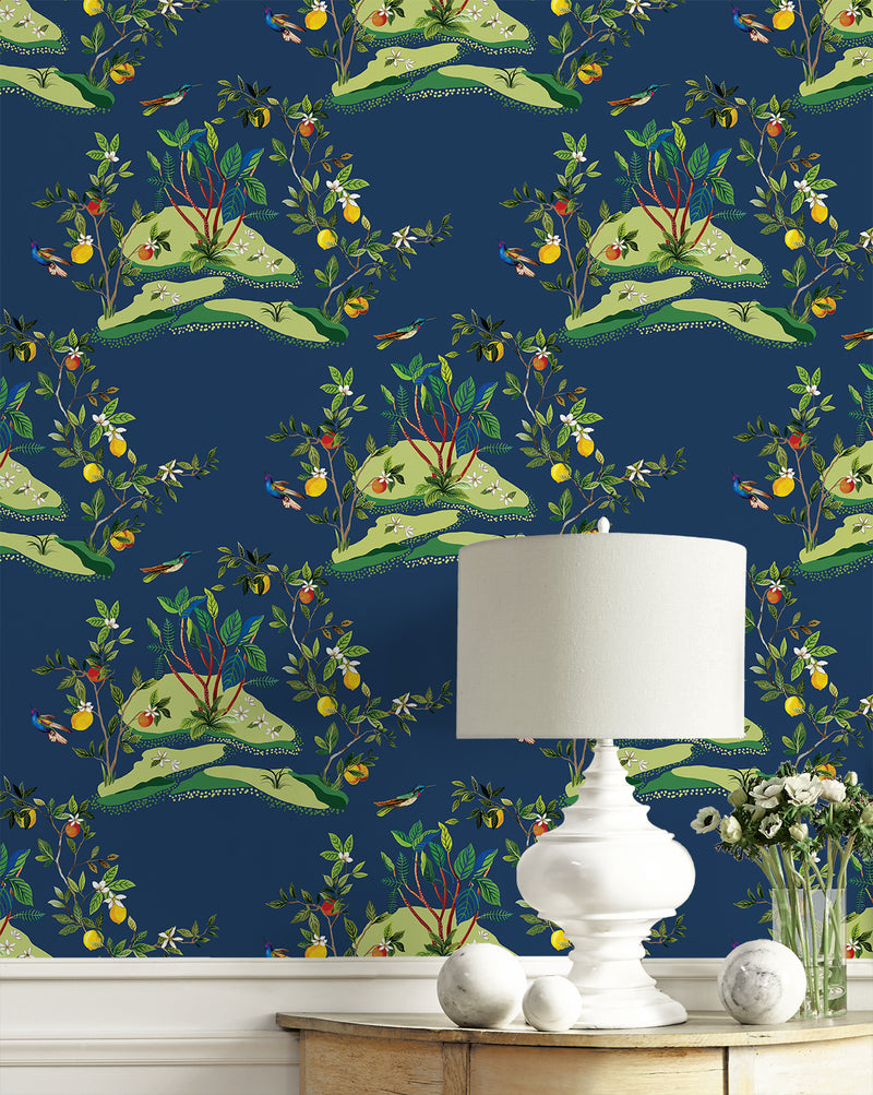 media image for Citrus Hummingbird Wallpaper in Navy Blue 291