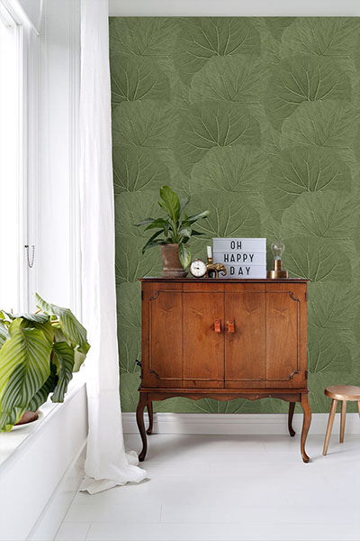 media image for Xylem Olive Large Leaves Wallpaper from Design Department by Brewster 258