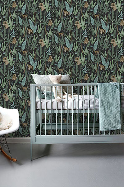 product image for Macaque Dark Green Monkeys Wallpaper from Design Department by Brewster 34