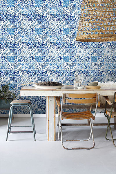 media image for Cohen Blue Tile Wallpaper from Design Department by Brewster 266