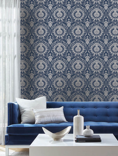 product image for Imperial Damask Wallpaper in Navy/Silver from Damask Resource Library by York Wallcoverings 75