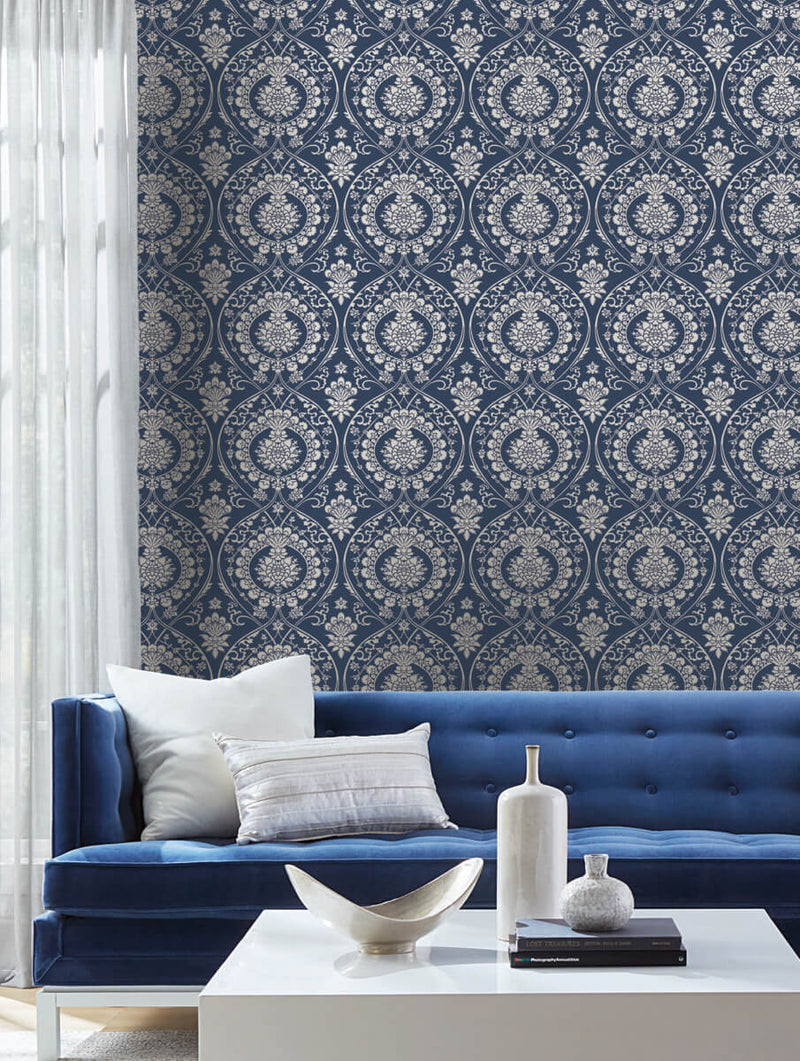 media image for Imperial Damask Wallpaper in Navy/Silver from Damask Resource Library by York Wallcoverings 29