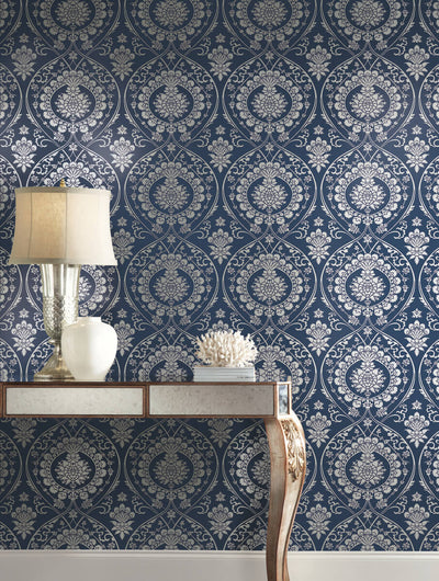 product image for Imperial Damask Wallpaper in Navy/Silver from Damask Resource Library by York Wallcoverings 28