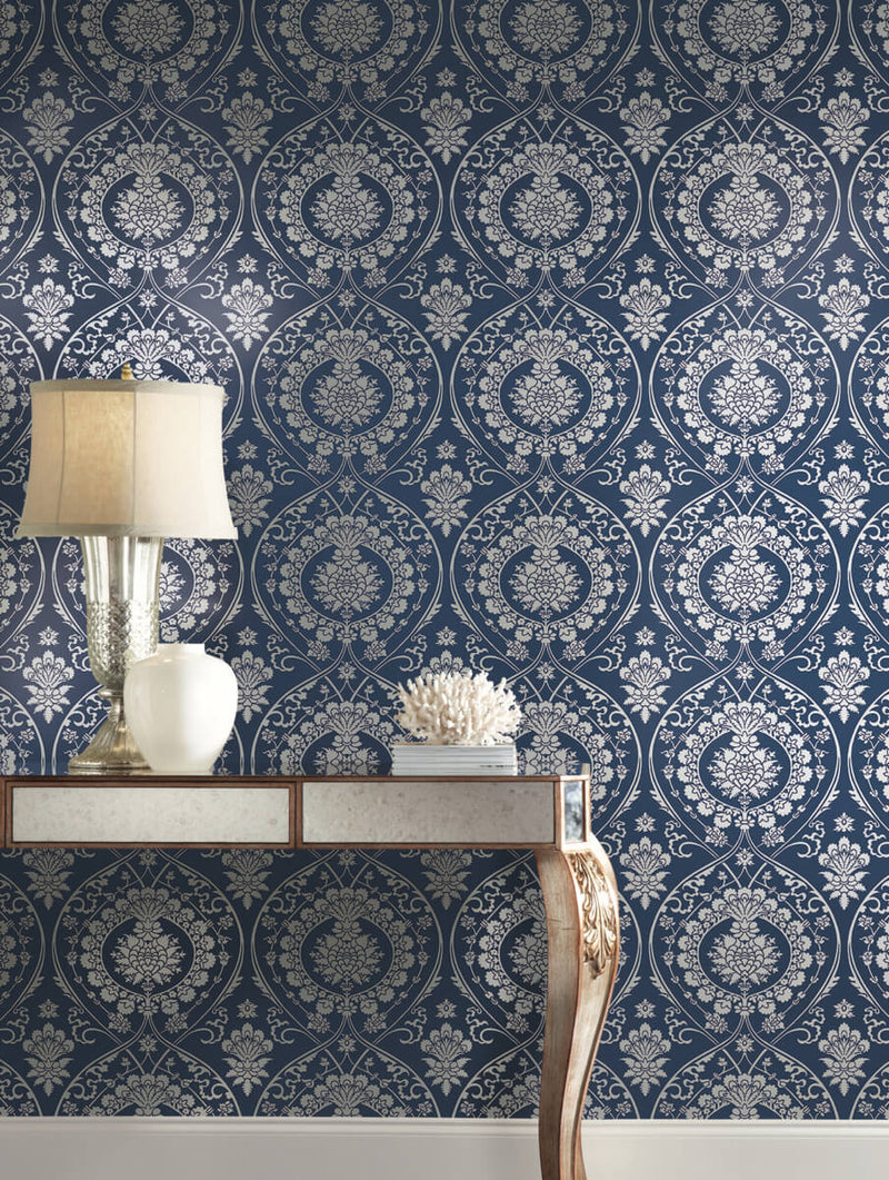 media image for Imperial Damask Wallpaper in Navy/Silver from Damask Resource Library by York Wallcoverings 22