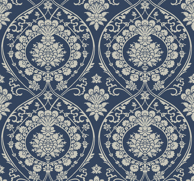 product image of sample imperial damask wallpaper in navy silver from damask resource library by york wallcoverings 1 570