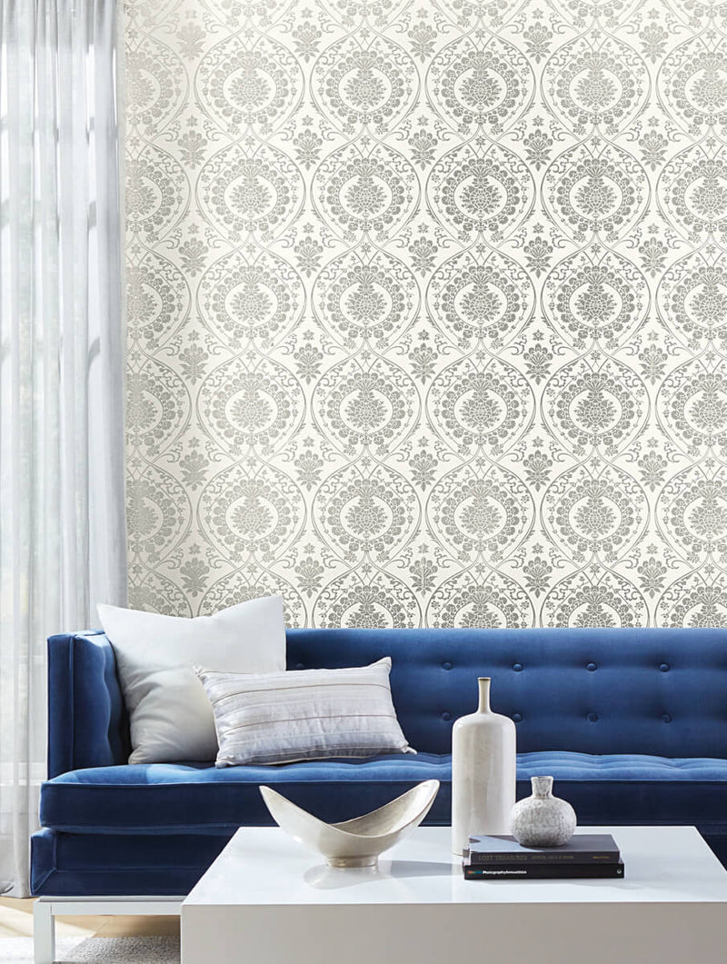 media image for Imperial Damask Wallpaper in White/Silver from Damask Resource Library by York Wallcoverings 215