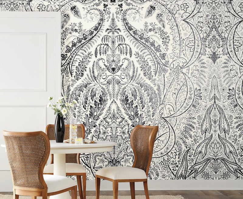 media image for Jaipur Paisley Damask Wall Mural in Black/White from Damask Resource Library by York Wallcoverings 270