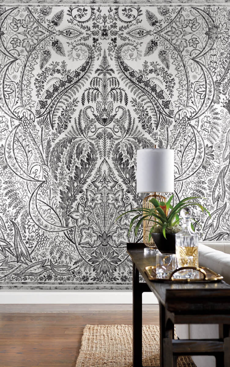 media image for Jaipur Paisley Damask Wall Mural in Black/White from Damask Resource Library by York Wallcoverings 21