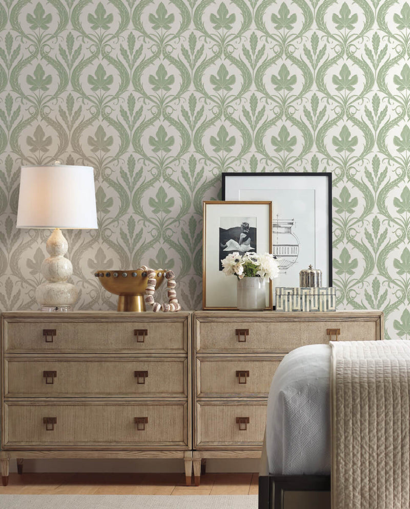 media image for Adirondack Damask Wallpaper in Green/White from Damask Resource Library by York Wallcoverings 216