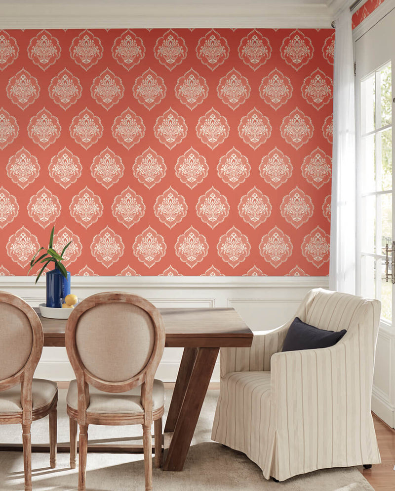 media image for Signet Medallion Wallpaper in Coral from Damask Resource Library by York Wallcoverings 232