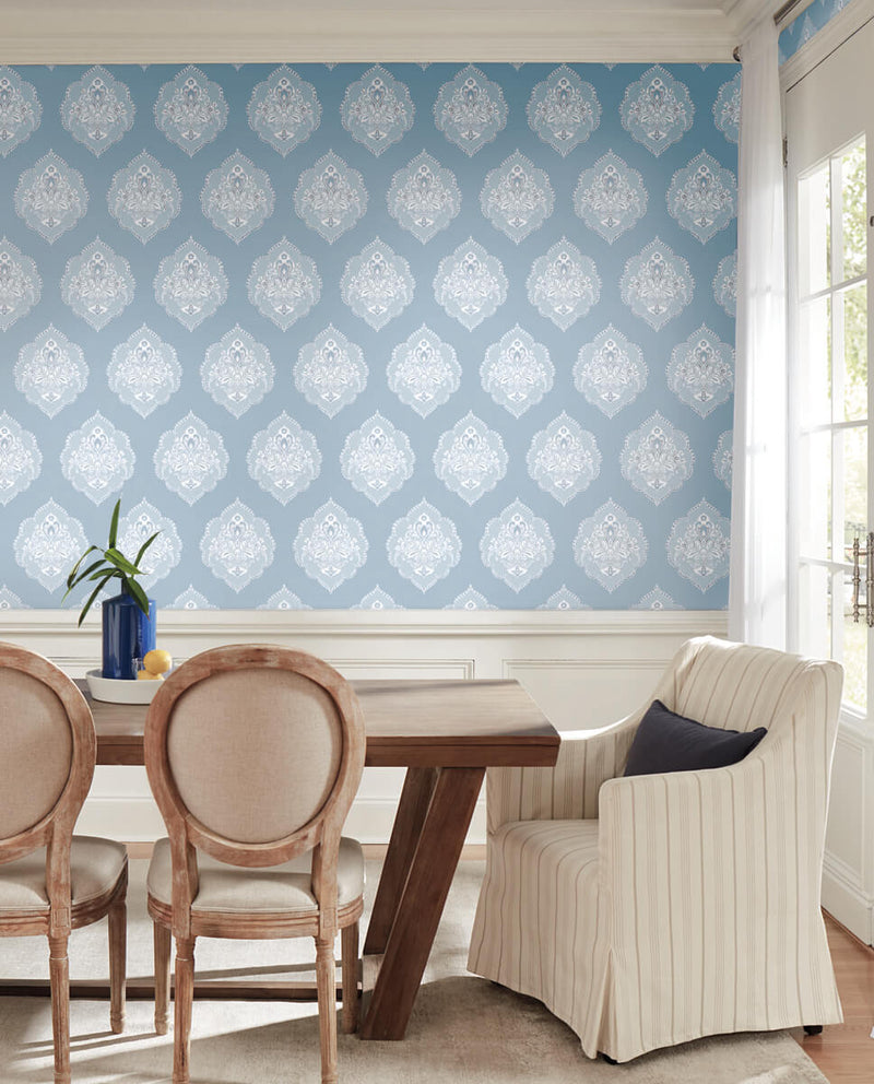 media image for Signet Medallion Wallpaper in Sky from Damask Resource Library by York Wallcoverings 245