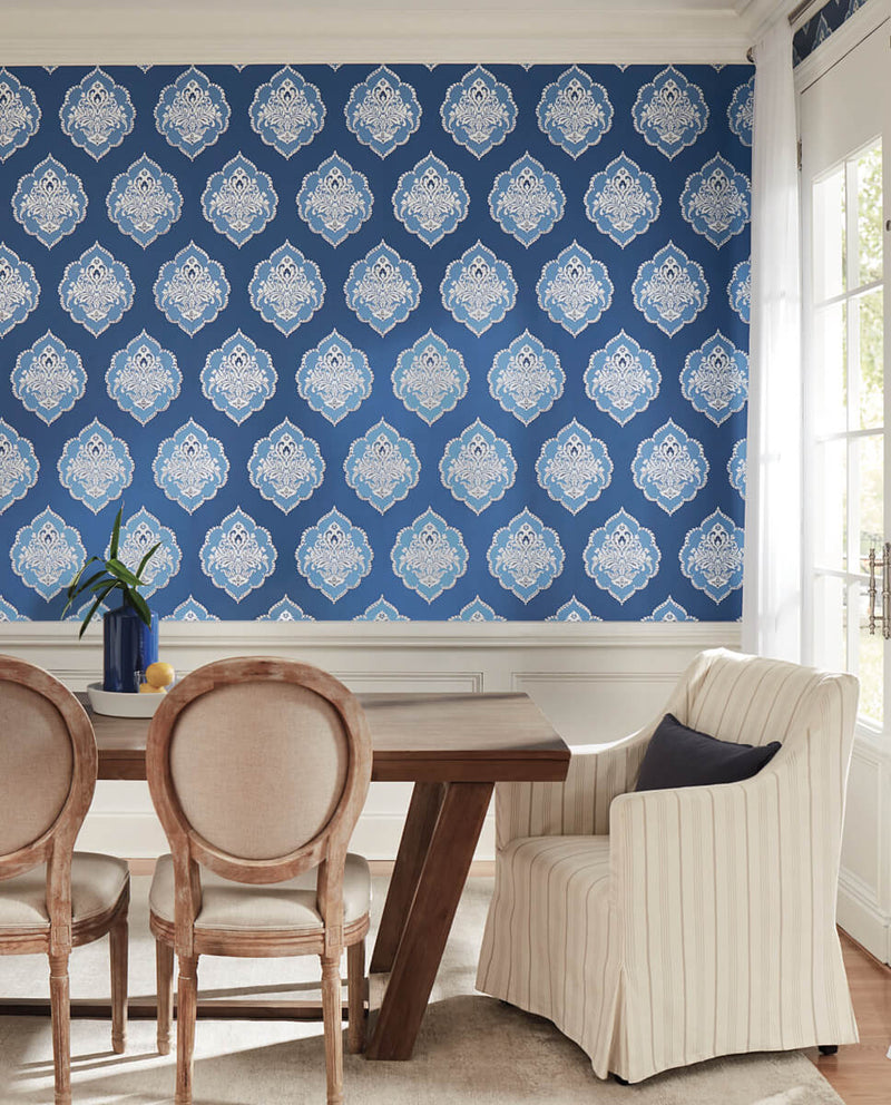 media image for Signet Medallion Wallpaper in Cobalt from Damask Resource Library by York Wallcoverings 297