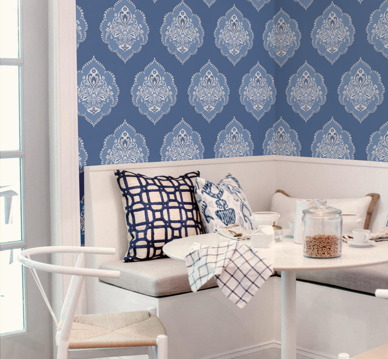 media image for Signet Medallion Wallpaper in Cobalt from Damask Resource Library by York Wallcoverings 257