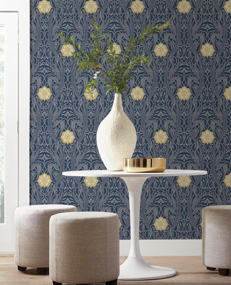 media image for Gatsby Damask Wallpaper in Navy from Damask Resource Library by York Wallcoverings 293