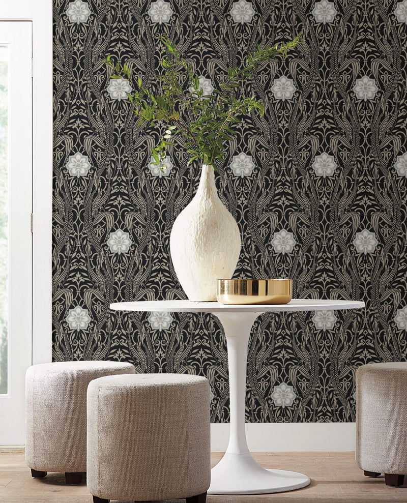 media image for Gatsby Damask Wallpaper in Black from Damask Resource Library by York Wallcoverings 252