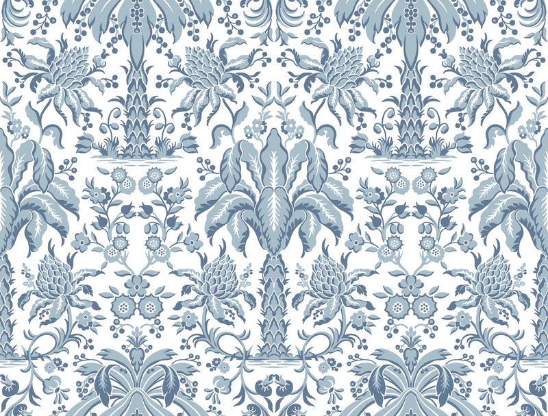 media image for sample palmetto palm damask wallpaper in blue from damask resource library by york wallcoverings 1 214