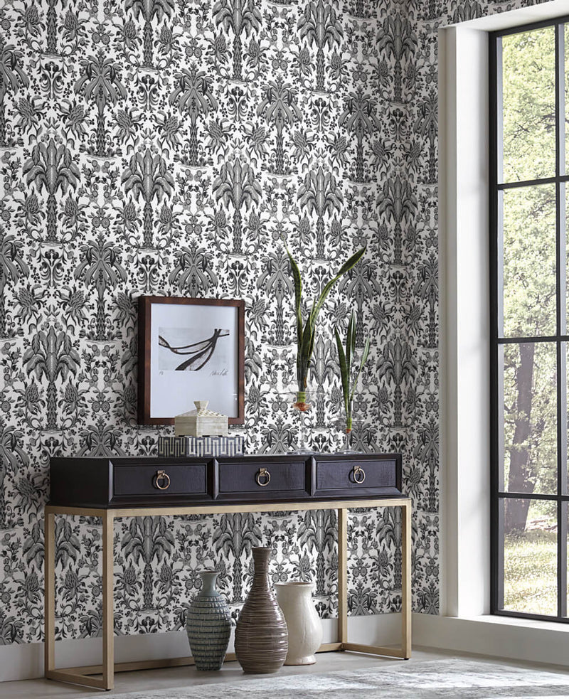 media image for Palmetto Palm Damask Wallpaper in Black from Damask Resource Library by York Wallcoverings 210