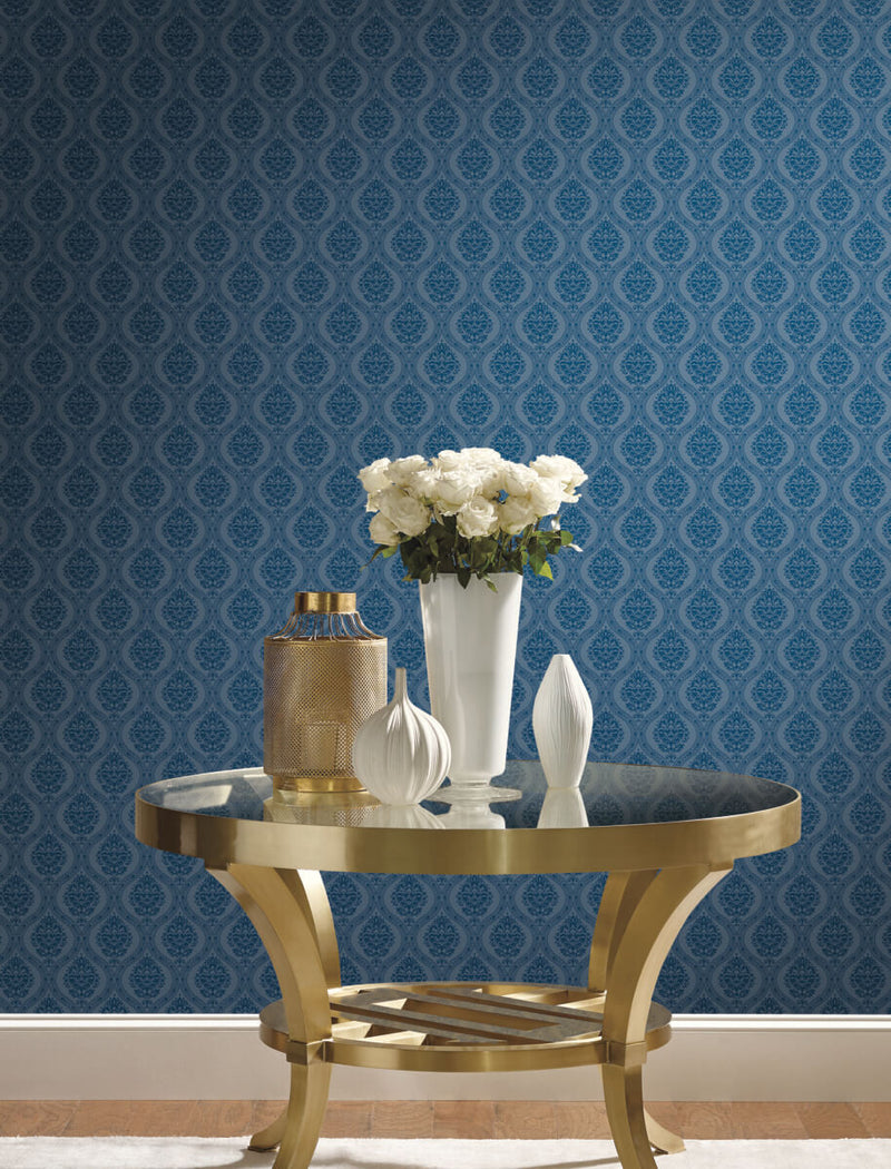 media image for Petite Ogee Wallpaper in Navy from Damask Resource Library by York Wallcoverings 242