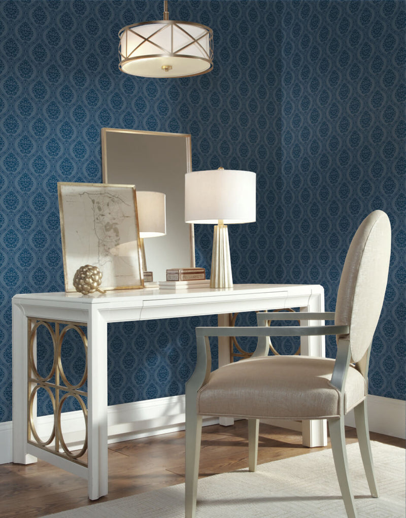 media image for Petite Ogee Wallpaper in Navy from Damask Resource Library by York Wallcoverings 221