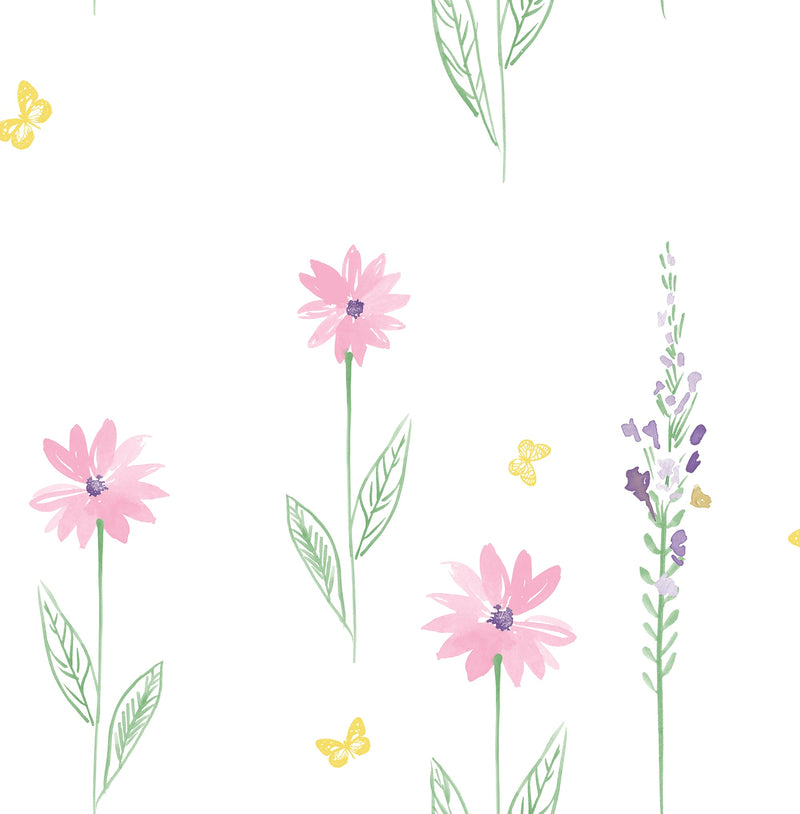 media image for Daisy Field Wallpaper in Pink and Green from the Day Dreamers Collection by Seabrook Wallcoverings 274