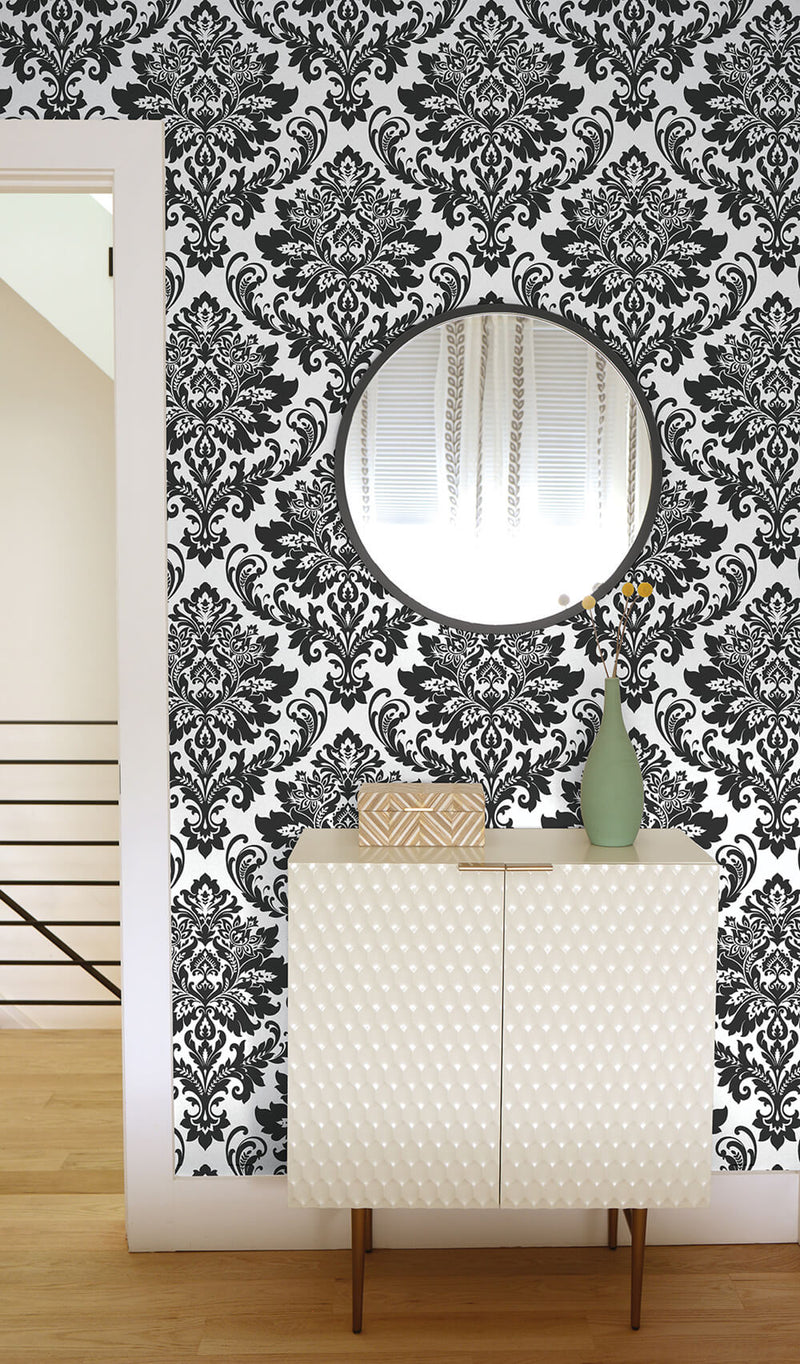 media image for Damask Peel-and-Stick Wallpaper in Black and White by NextWall 227